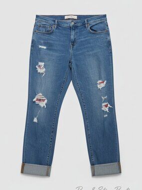 Gap 1969 Distressed Boyfriend Jeans | Medium Wash | Plaid-Lined Rips | Size 32 L